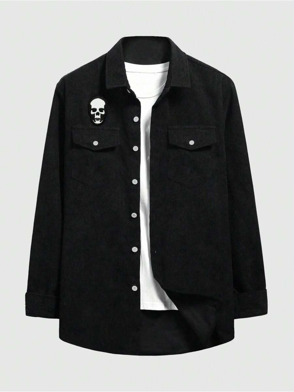 ROMWE Black Corduroy & Iridescent Silver Skull Long Sleeve Button Down - XXL